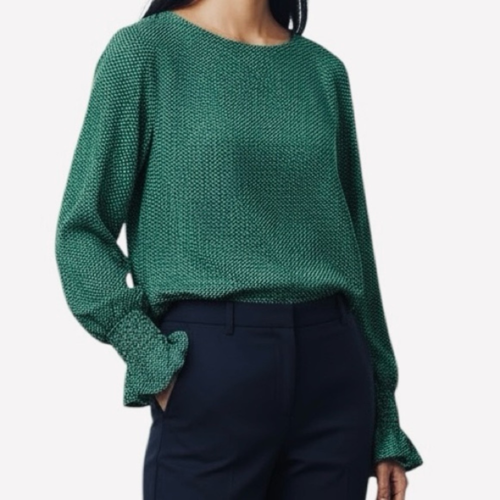 Banana Republic Button Back Geometric Print Ruffle Cuff Blouse Green Blue Size M